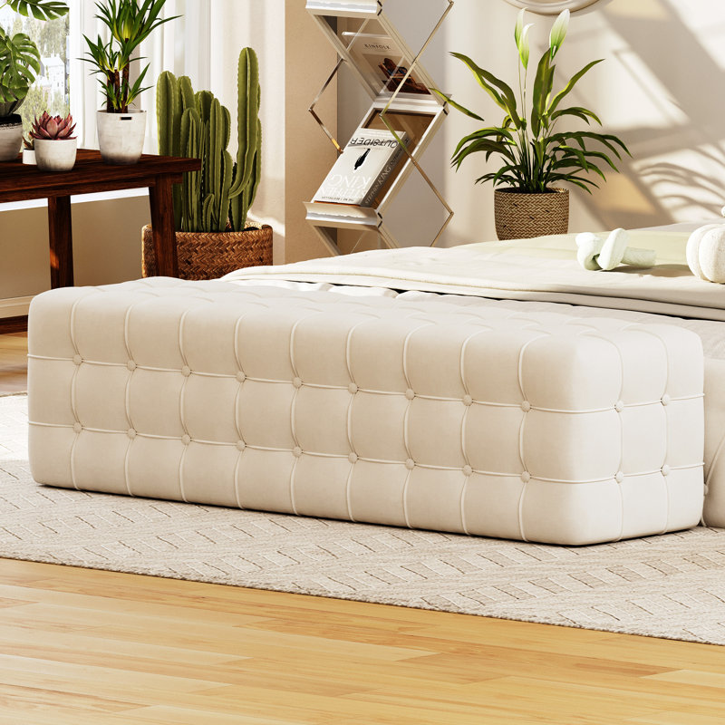 All Covered Velvet Upholstered Ottoman Rectangular Footstool Bedroom Footstool No Assembly Required Elegant And Luxurious Pink